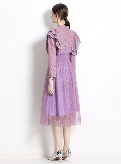 Purple Long Sleeve Lace Embroidery Gauze Dress