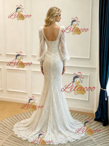White Mermaid Long Sleeve Pleats Wedidng Dress