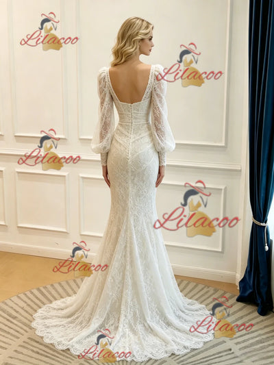White Mermaid Long Sleeve Pleats Wedidng Dress