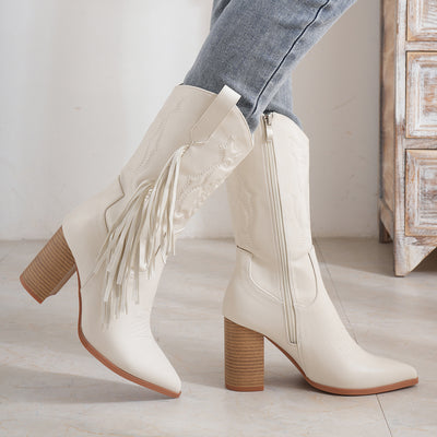 Pointed Embroidered Tassels White Boots