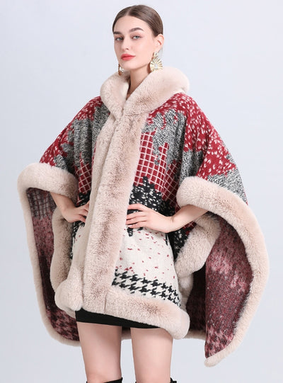 Loose Jacquard Fringed Hooded Cloak Shawl