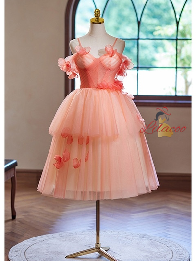 Orange Tulle Spaghetti Straps Flower Homecoming Dress