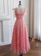 Pink Lace Straps Beading Prom Dress