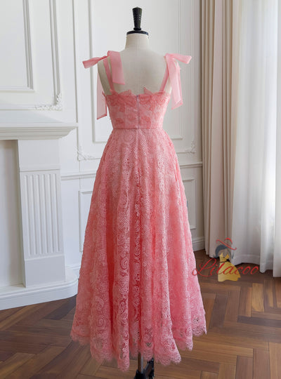 Pink Lace Straps Beading Prom Dress