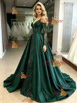 Green Sequins Satin Long Sleeve Prom Dress
