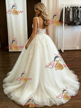 White Tulle Straps Appliques Wedding Dress