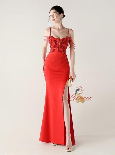 Mermaid Spaghetti Straps Sequins Beading Prom Dress