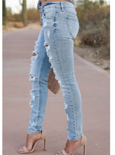 Women Washed Hole Pencil Jeans