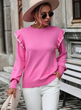 Loose Solid Color Flounces Crewneck Sweater