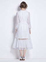 Lapel Lantern Long Sleeve Wooden Ear Hollow Dress