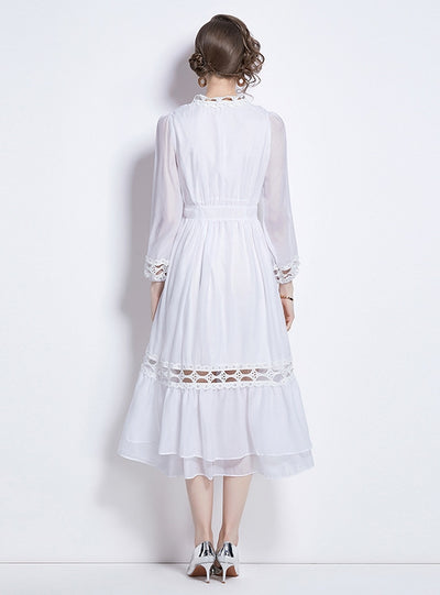 Lapel Lantern Long Sleeve Wooden Ear Hollow Dress