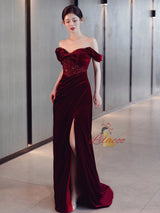 Burgundy Mermaid Velvet Sequins Pleats Prom Dress