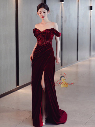 Burgundy Mermaid Velvet Sequins Pleats Prom Dress