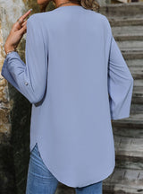 V-neck Button-up Solid Color Shirt