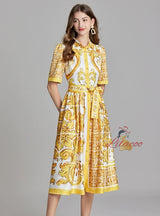 Retro Printed Silm Waist Lapel Shirt Dress