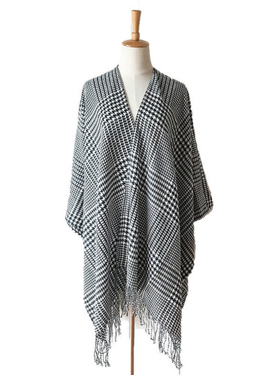 Black and White Houndstooth Split Fringed Split Shawl