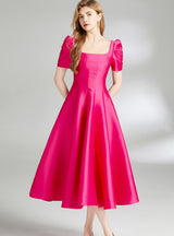 Solid Color Slim Waist Square Neck Dress