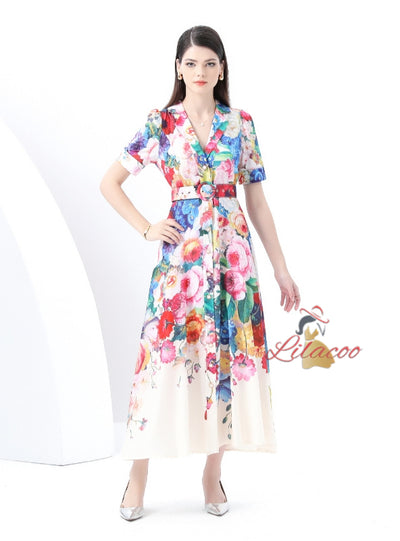 Retro Silm Waist Slim Printed Long Dress