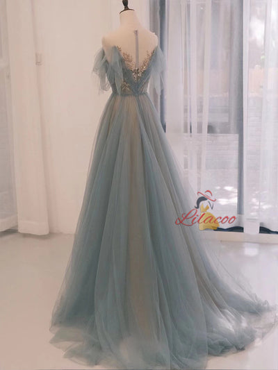 Blue Tulle Pleats Sequins Prom Dress