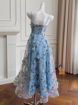 Blue Tulle Print 3D Flower Prom Dress