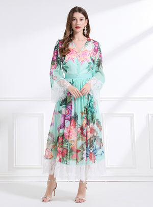 V-neck Long Sleeve Lace Print Suit Dress