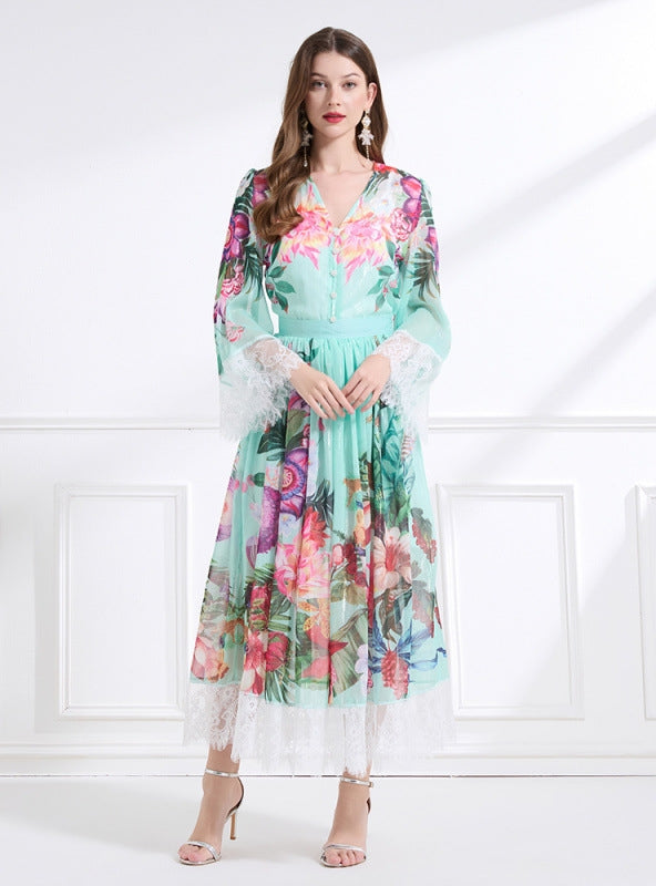 V-neck Long Sleeve Lace Print Suit Dress