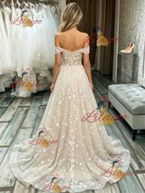 Champagne Lace Off the Shoulder Wedding Dress