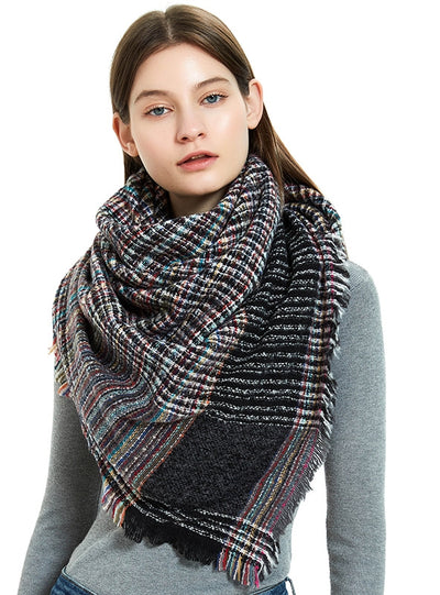 Fine Plaid Thick Fringed Scarf Shawl