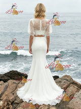 White Mermaid Two Piece Puff Sleeve Wedding Dress