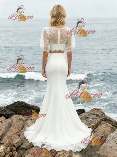 White Mermaid Two Piece Puff Sleeve Wedding Dress