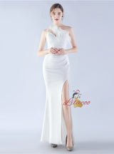One Shoulder Split Feather Prom Dress