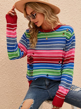 Long-sleeved Round Neck Striped Holes Sweater