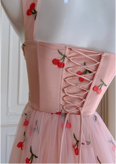 Pink Tulle Embroidered Slim Gauze Dress