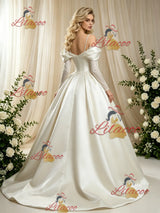Ivory Satin Long Sleeve Straps Wedding Dress