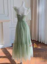 Green Tulle Cherry Pleats Prom Dress