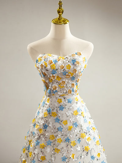 White Tulle Sequins Flower Prom Dress