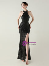 Halter Mermaid Sequins Backless Prom Dress