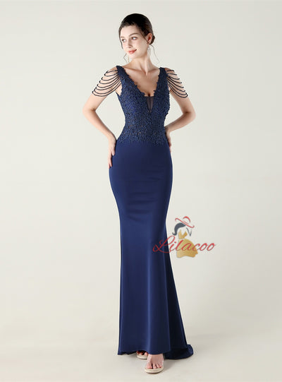 Mermaid V-neck Lace Beading Prom Dress