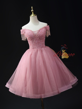 Pink Tulle Sequins Beading Homecoming Dress