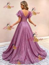 A-Line Purple Sequins Straps Prom Dress