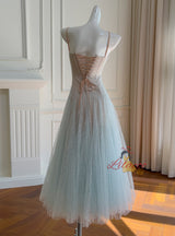 Blue Lace Pleats Straps Prom Dress