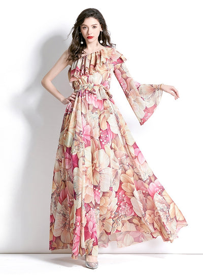 One-shoulder Ruffled Beach Print Dress