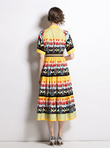 Round Neck Short Sleeve Single-breasted Printed Dress