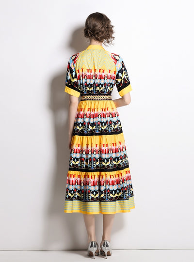 Round Neck Short Sleeve Single-breasted Printed Dress