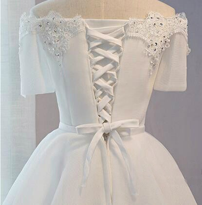 White Lace Appliques Short Sleeve Homecoming Dress