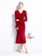 Three-dimensional Flower V-neck Trumpet Sleeve Dress