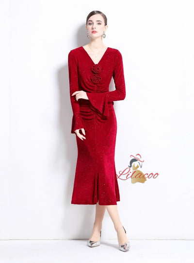 Three-dimensional Flower V-neck Trumpet Sleeve Dress