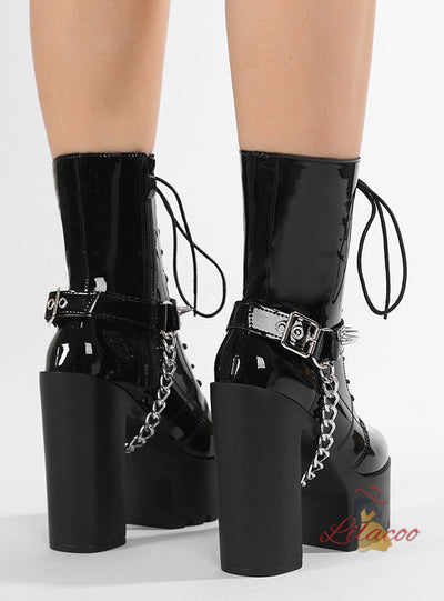 Punk Rivet Belt Buckle Thick Heel Boots