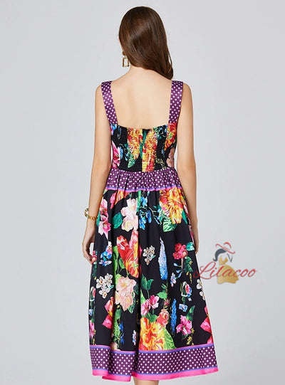 Black Printed Silm Waist Dress