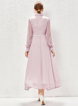 Lapel Lantern Sleeve Gauze Stitching Dress